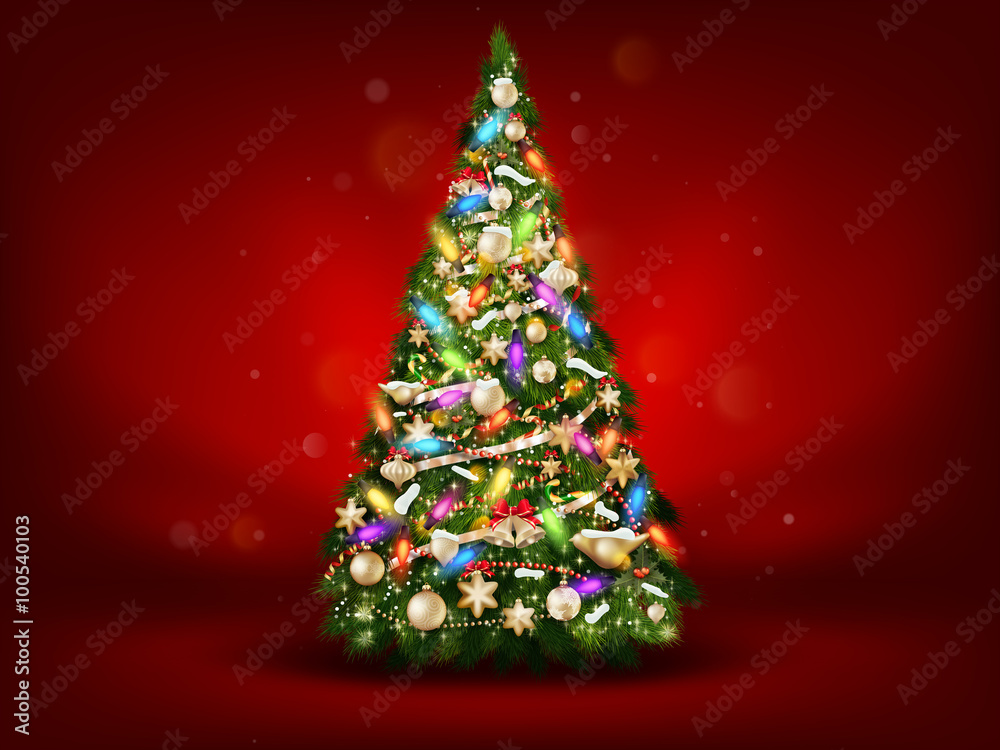 Fotografie Abstract green christmas tree on red background. EPS 10