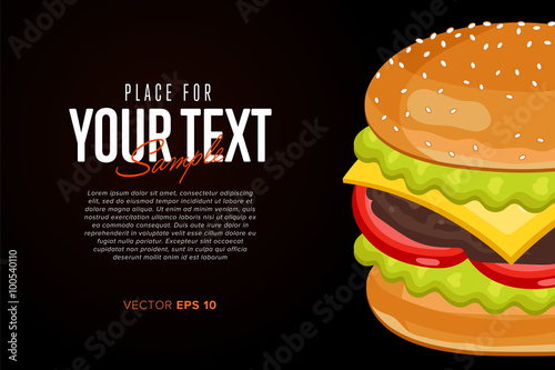 Burger on black background with abstract text