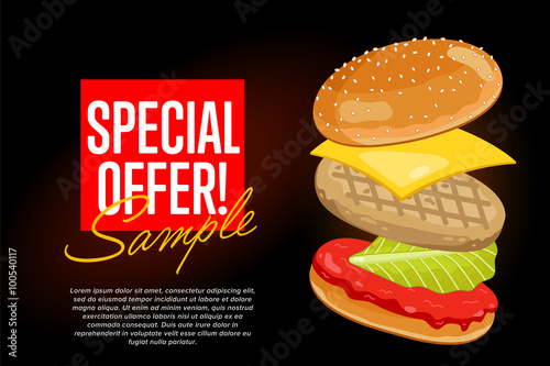 Burger on black background with abstract text