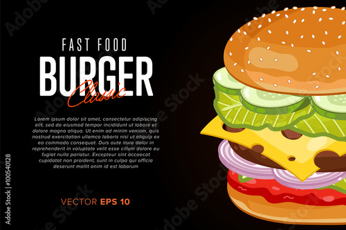 Burger on black background with abstract text