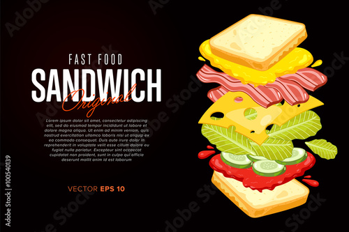 Sandwich on black background with abstract text