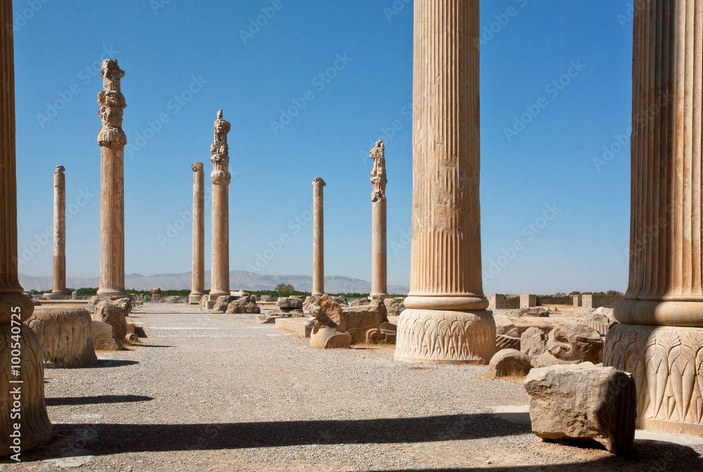 Tall columns in area of ruined city Persepolis, built in 6th century BC. World Heritage Site