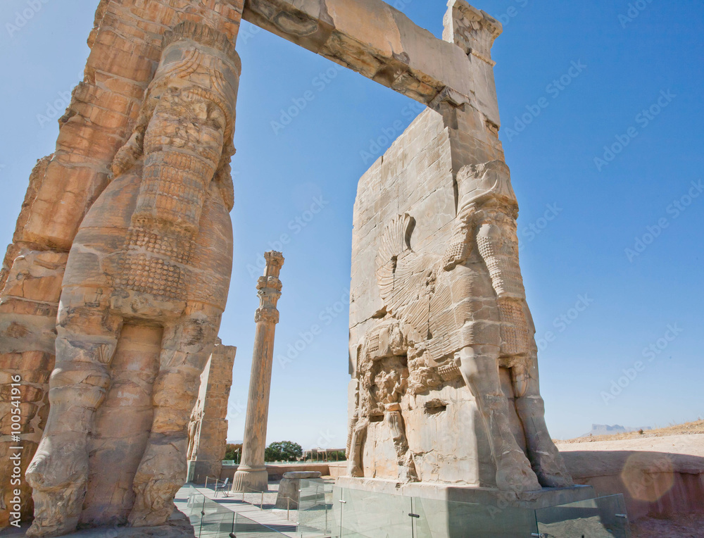 Old statues on the entrance of ruined Persepolis city, Iran.