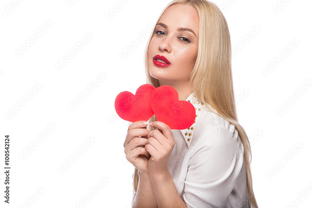Portrait of Beautiful blond woman with bright makeup and red heart in hand. valentines day Portrait of Beautiful blond woman with bright makeup and red heart in hand. valentines day