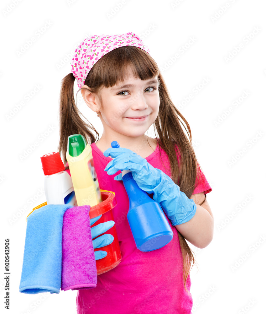 Girl with tools for house cleaning. isolated on white background Girl with tools for house cleaning. isolated on white background