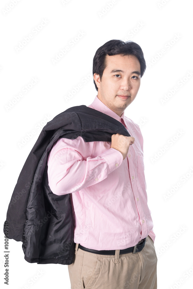 Asian businessman stands with his jacket over his shoulder, isol Asian businessman stands with his jacket over his shoulder, isol