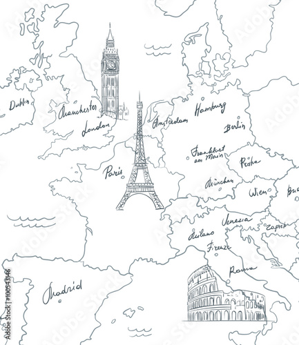 Hand drawn tourist map with sights of Europe