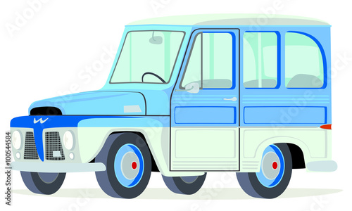 Caricatura Willys - Ford Rural Brasil blanca con azul vista frontal y lateral