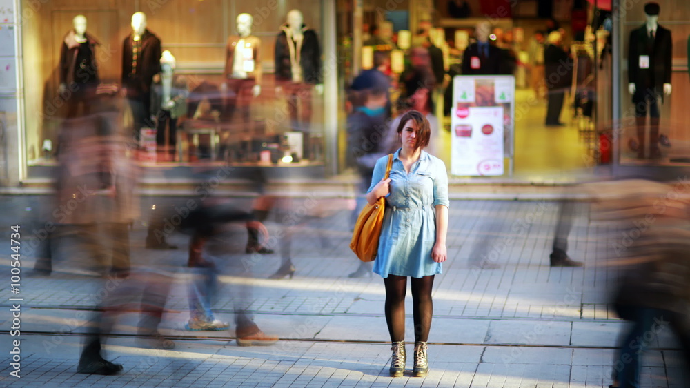 Girl in front of shopping mall, zoom out, timelapse, 4K
