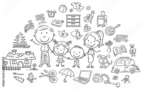 Family life set, black and white outline