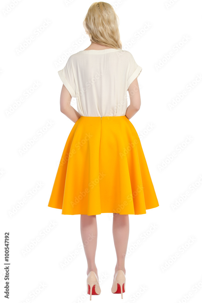 woman in a blouse and skirt back isolated on white