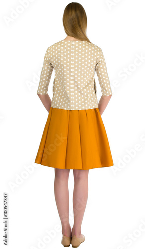 woman in a blouse and skirt back isolated on white