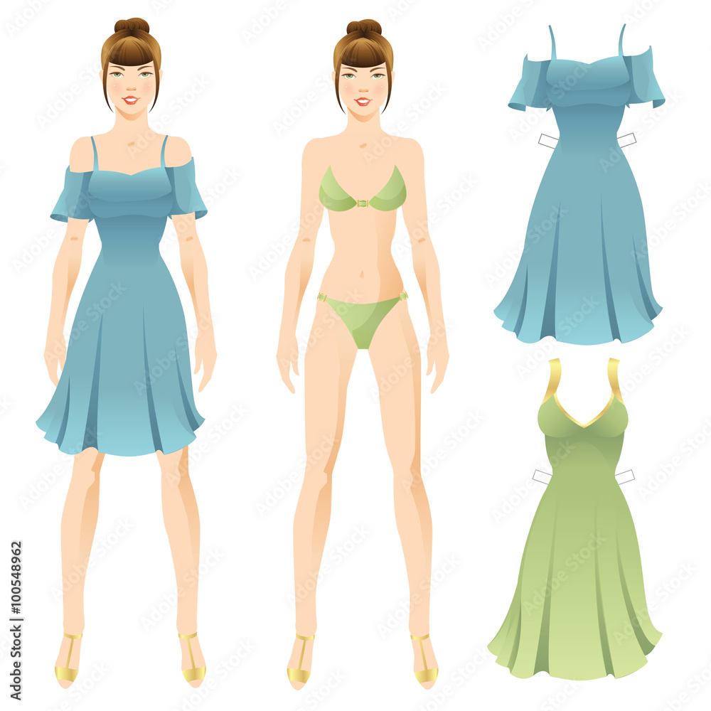 Doll with clothes. Body template. Set of template paper dress for holiday Doll with clothes. Body template. Set of template paper dress for holiday