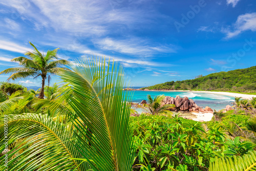 View of beautiful Anse Coco beach on La Digue island in Seychelles