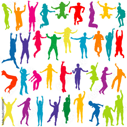 Silhouettes of children and young people jumping