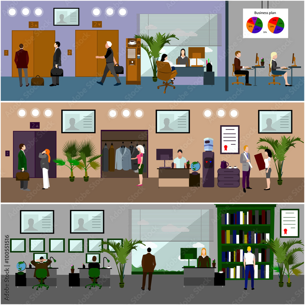 Flat design of business people or office workers. Business presentation and meeting. Office interior. Flat design of business people or office workers. Business presentation and meeting. Office interior.