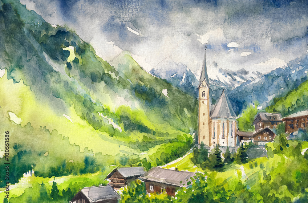 Watercolor painted illustration of village Heiligenblut at the foot of the Alps in Austria - obrazy, fototapety, plakaty 