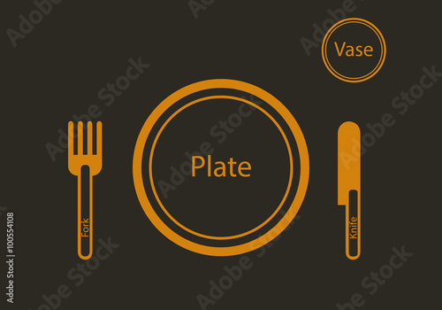 Black schedule tablecloth. Orange cutlery sign over black background. vector illustration