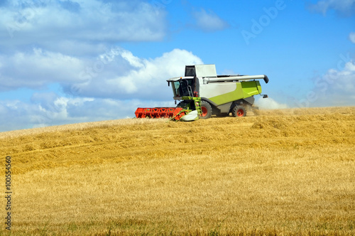 Working harvester on the yellow field with hay. 