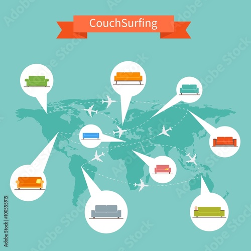 Couch Surfing and sharing economy concept. Vector illustration in flat style design. Travel infographic.