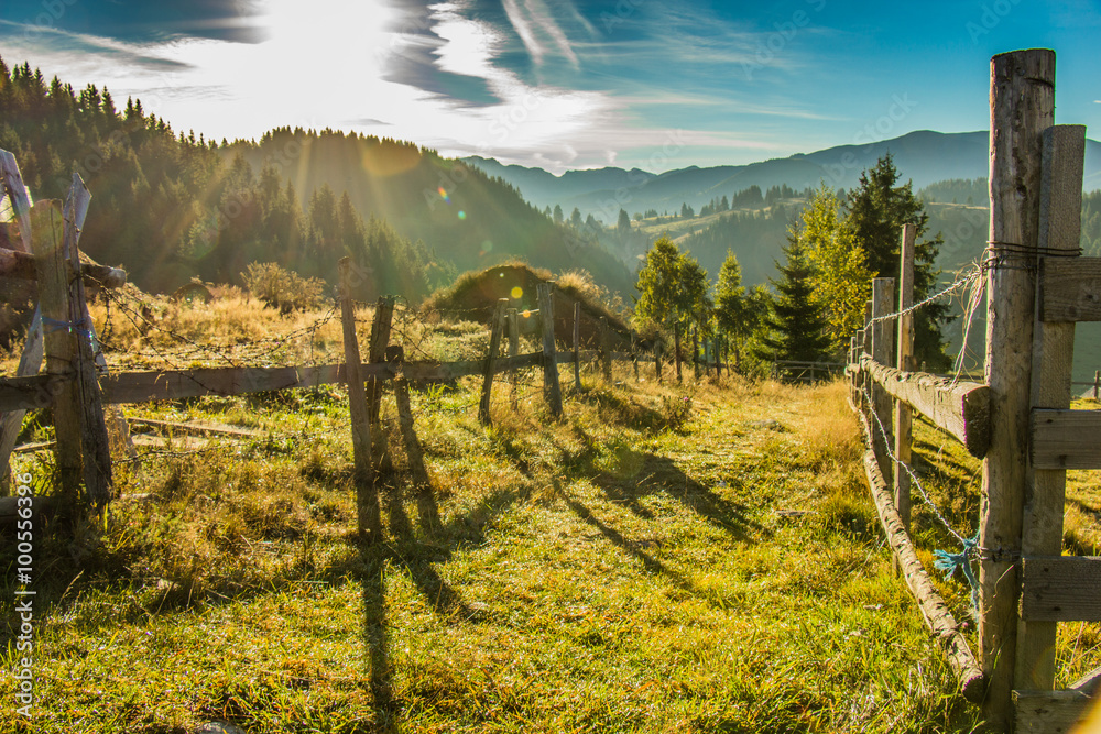 Beautiful mountain and forest landscape with wooden fence