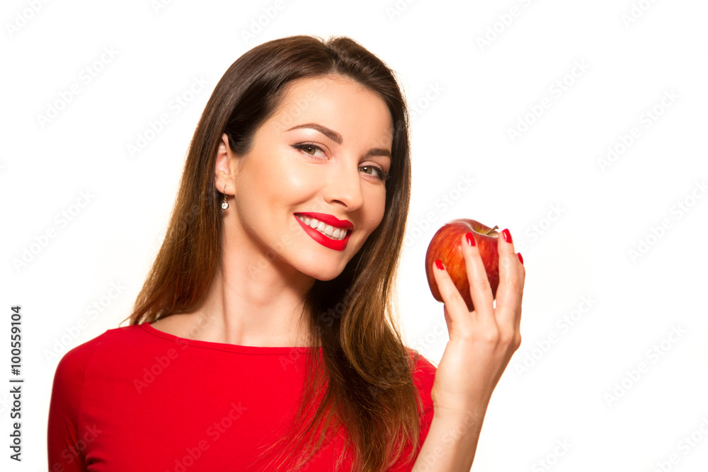 Positive Female Biting a Big Red Apple Fruit Smiling on White Ba Positive Female Biting a Big Red Apple Fruit Smiling on White Ba