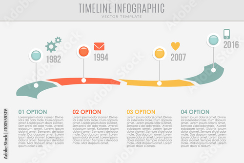 Timeline report template with buttons and icons, vector