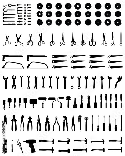 Set of black silhouettes of different tools, vector