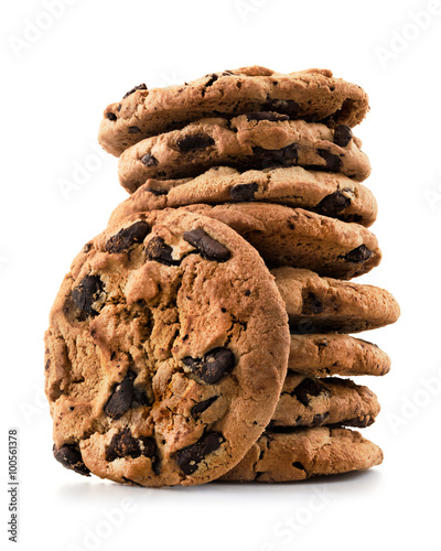 Chocolate chip cookies isolated on white background. 