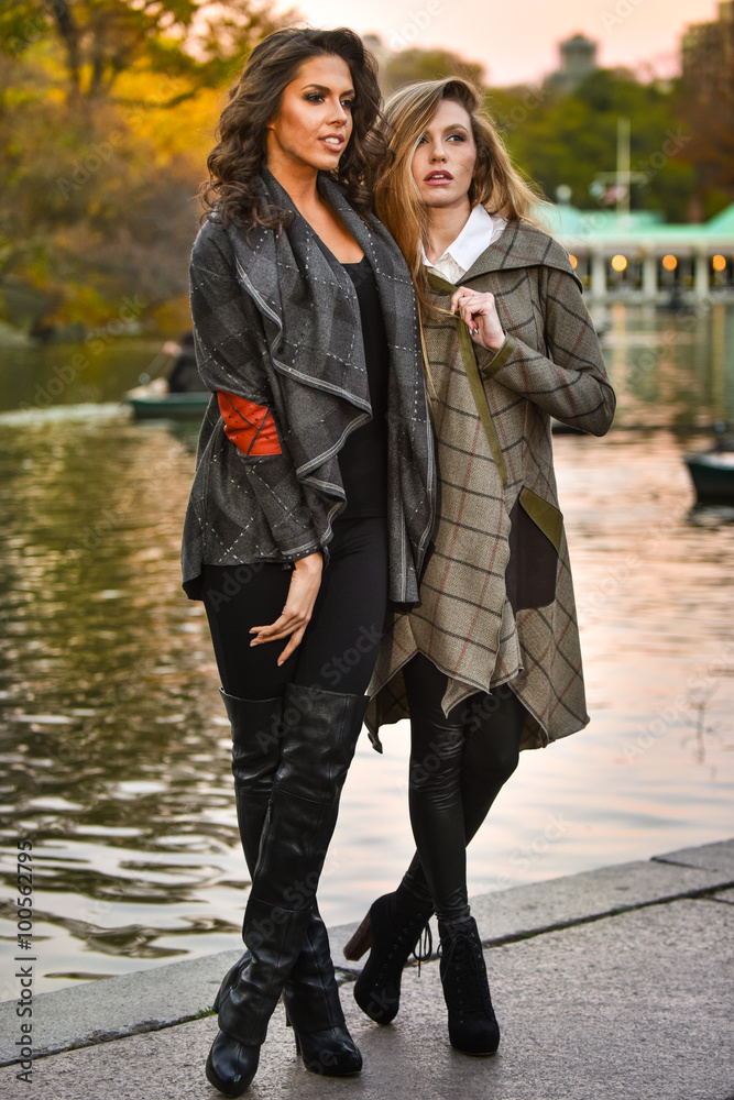 Fototapeta premium Two attractive caucasian women posing against the lake in the autumn park.