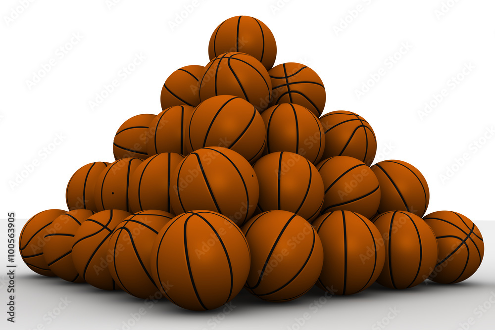 Basketballs stacked pyramid on a white surface. Isolated. The three-dimensional illustration Basketballs stacked pyramid on a white surface. Isolated. The three-dimensional illustration