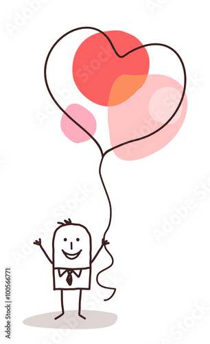 cartoon man holding up a big celebration heart ballon