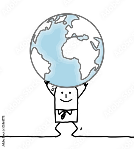 cartoon man carrying  the Earth