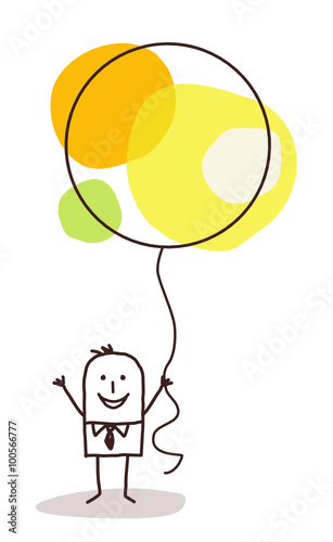 cartoon man holding up a big celebration ballon