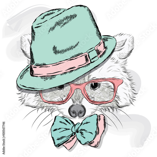 Cute raccoon hat and sunglasses . Raccoon vector . Animal clothing . Hipster. Postcard with a raccoon . Print .