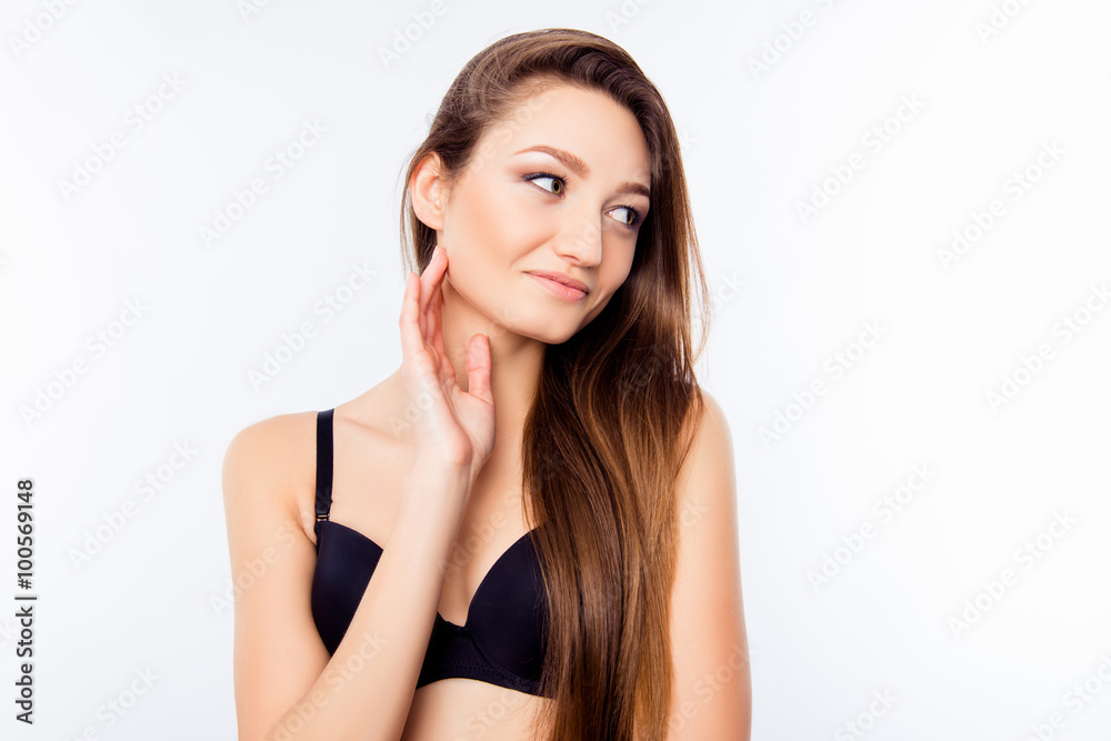 Pretty sexy girl in black bra touching her face Pretty sexy girl in black bra touching her face
