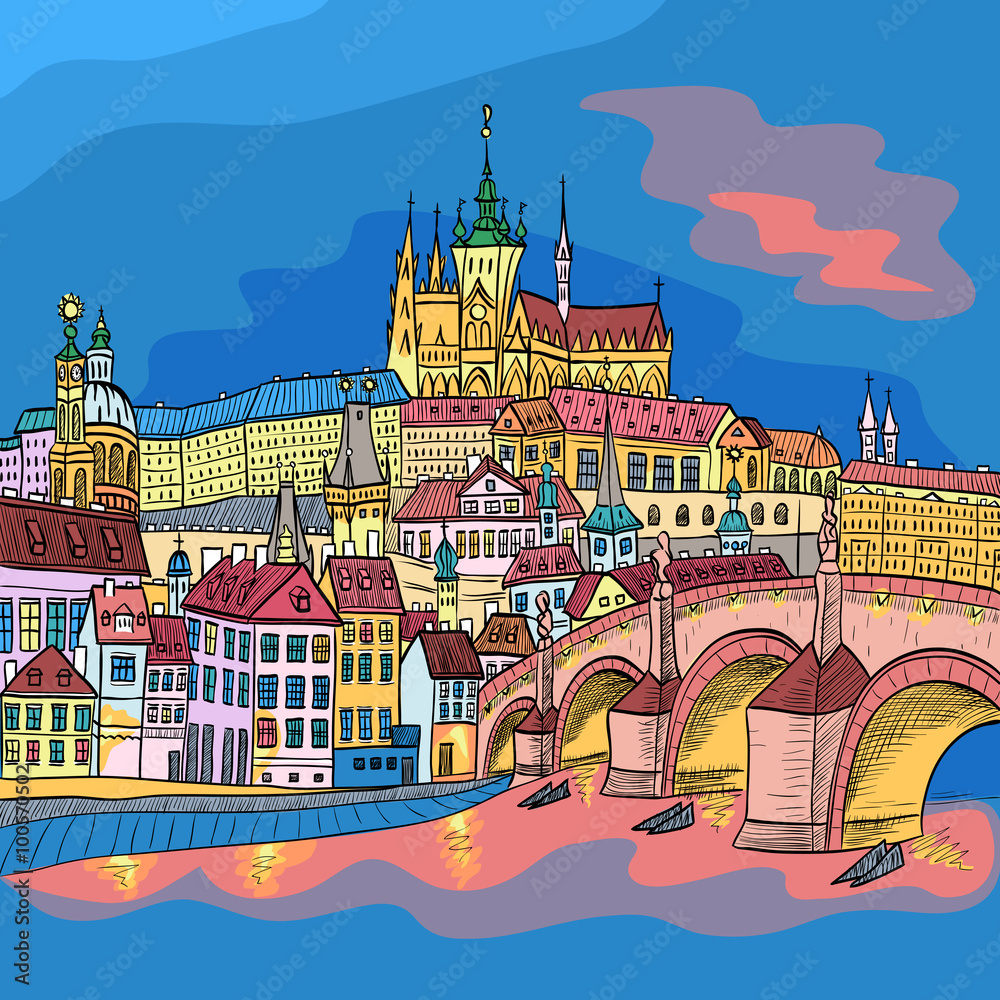 Fototapeta premium Vector sketch of Prague landscape with Prague Castle and Charles Bridge