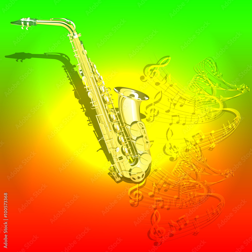 Naklejka premium musical background Saxophone and waves of musical notes