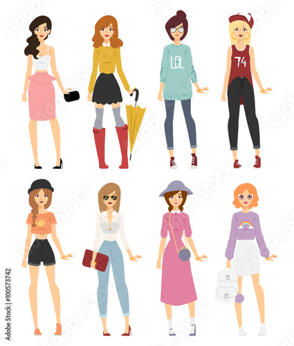 Beautiful vector cartoon fashion girl models look standing over white background