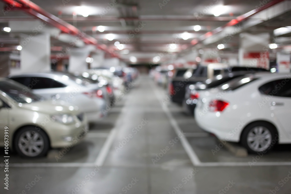 Blur image, Underground parking with cars.