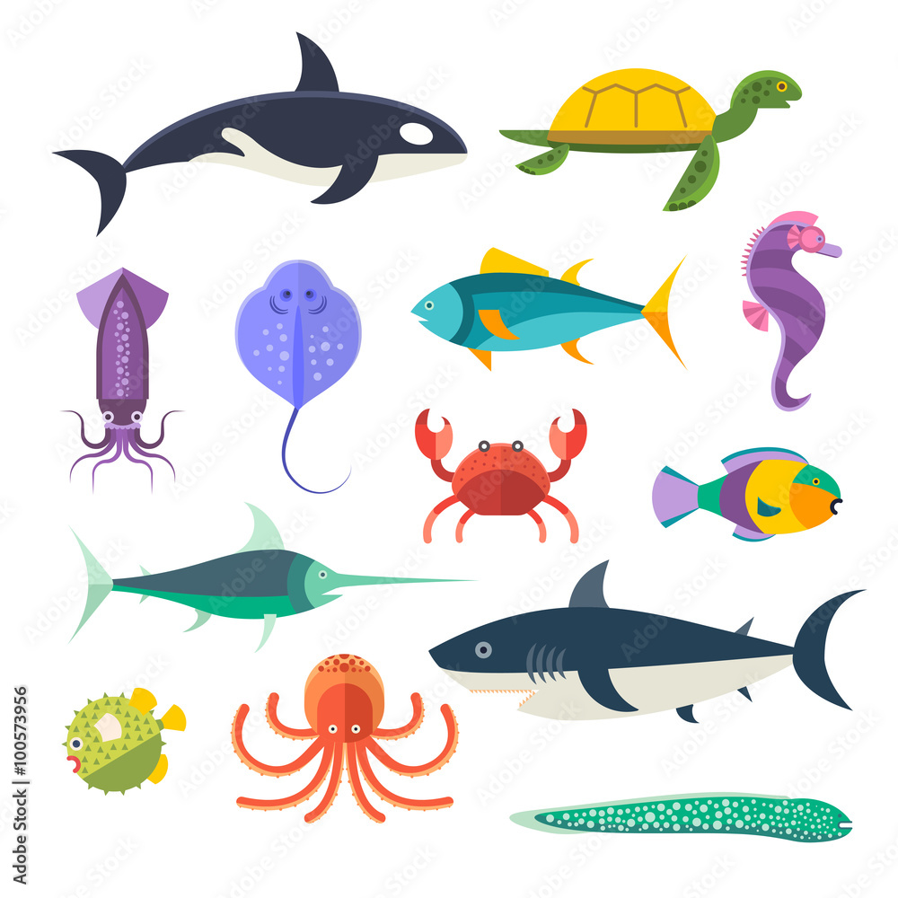 Fototapeta premium Vector set of sea marine fish and animals