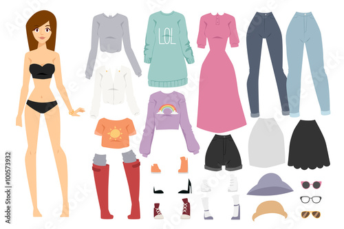 Beautiful vector cartoon fashion girl model constructor  look standing over white background