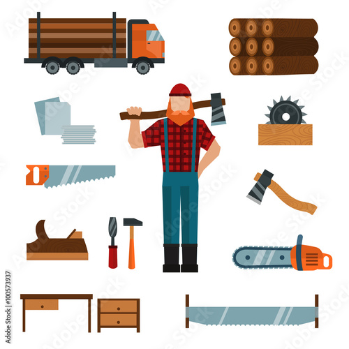 Lumberjack cartoon character with lumberjack tools icons vector illustration