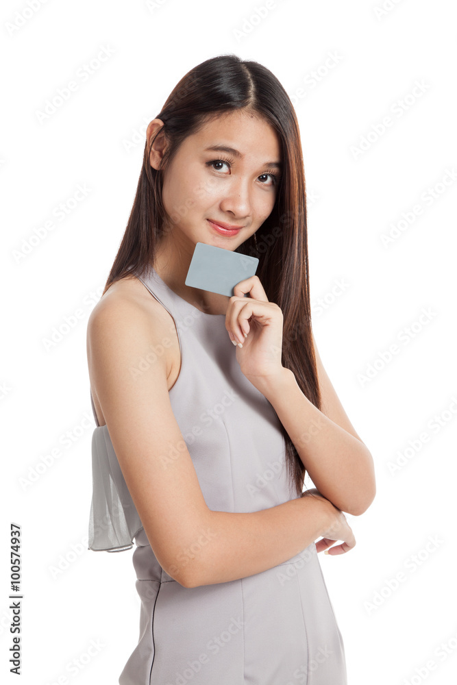 Beautiful young Asian woman hold a blank card Beautiful young Asian woman hold a blank card