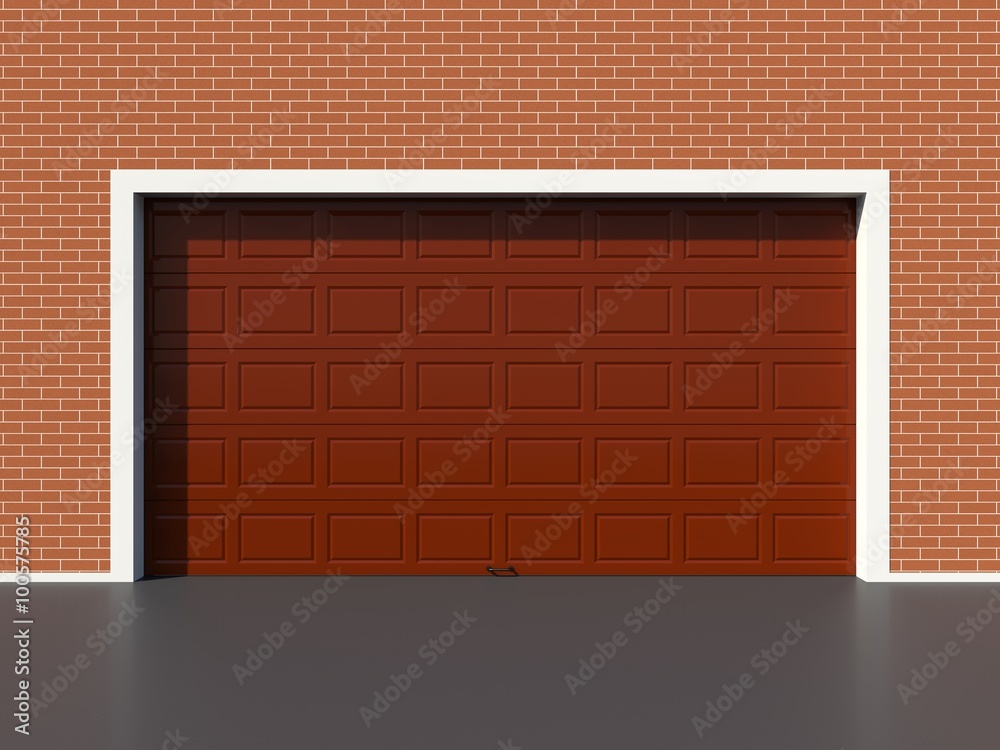 Obraz premium Modern brown garage door and red brick wall