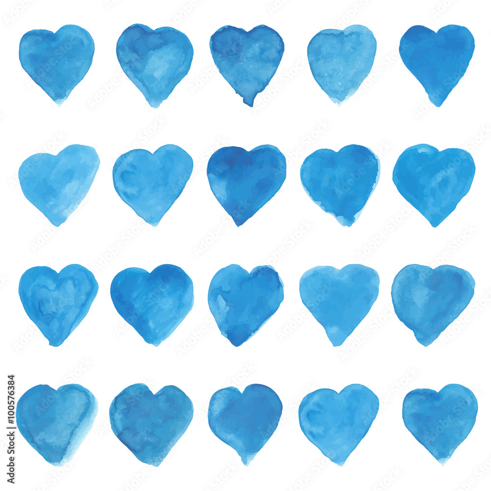 Set of blue watercolor love sweet hearts for greeting, valentines day card. Love watercolor hearts background. Love sweet heart shapes for greeting card. Set of love hearts. Love hearts retro pattern