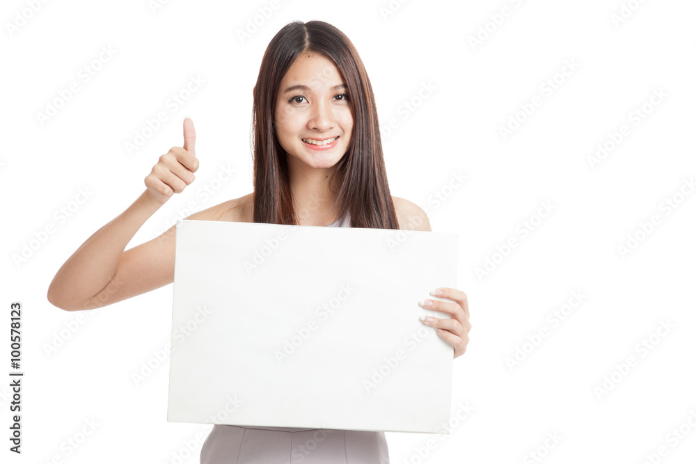 Beautiful young Asian woman thumbs up with blank sign Beautiful young Asian woman thumbs up with blank sign