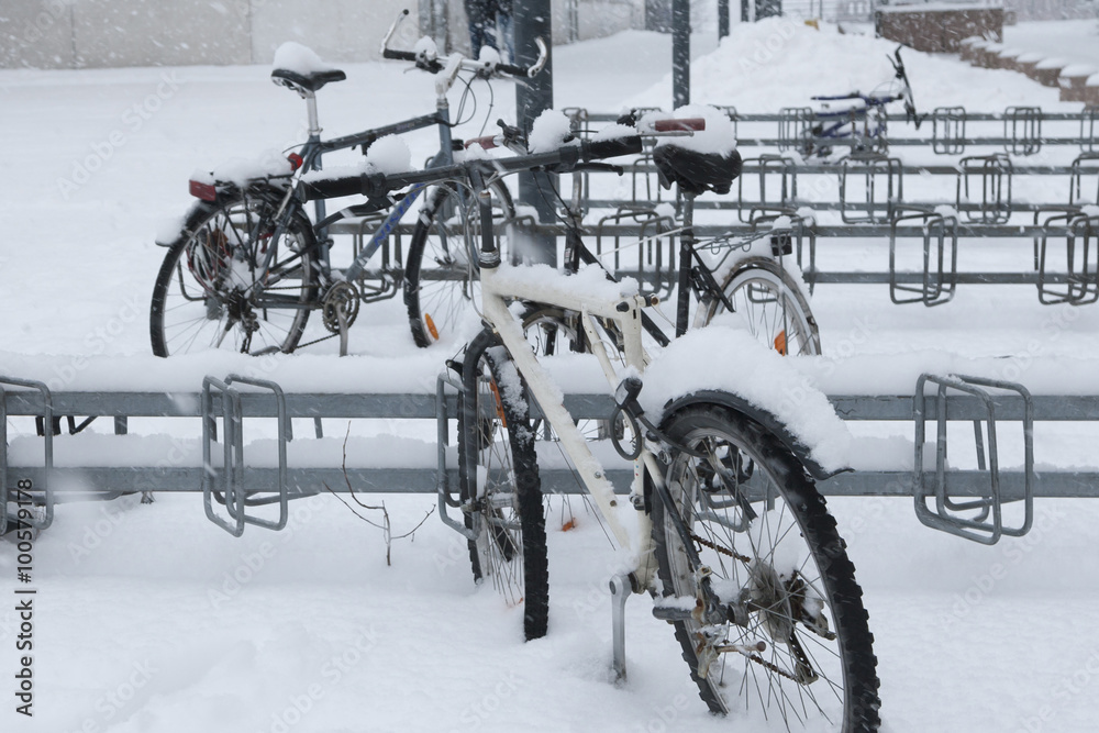 Bikes parking under the snow in Helsinki, Finland