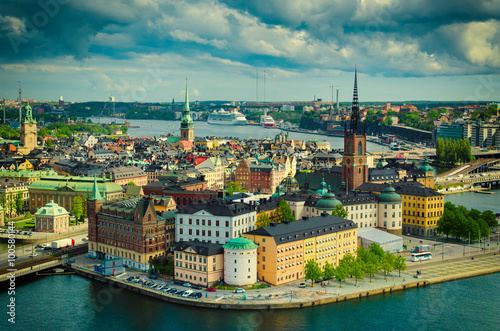 View of Stockholm from the City Hall tower, travel Sweden architecture vintage hipster background