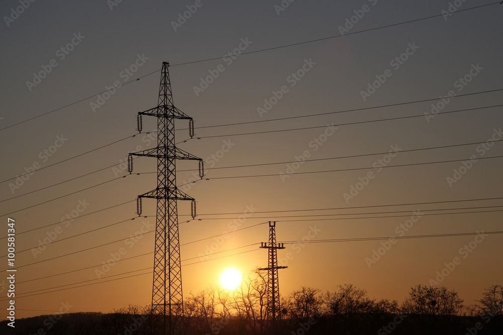 Fototapeta premium power lines in sunset